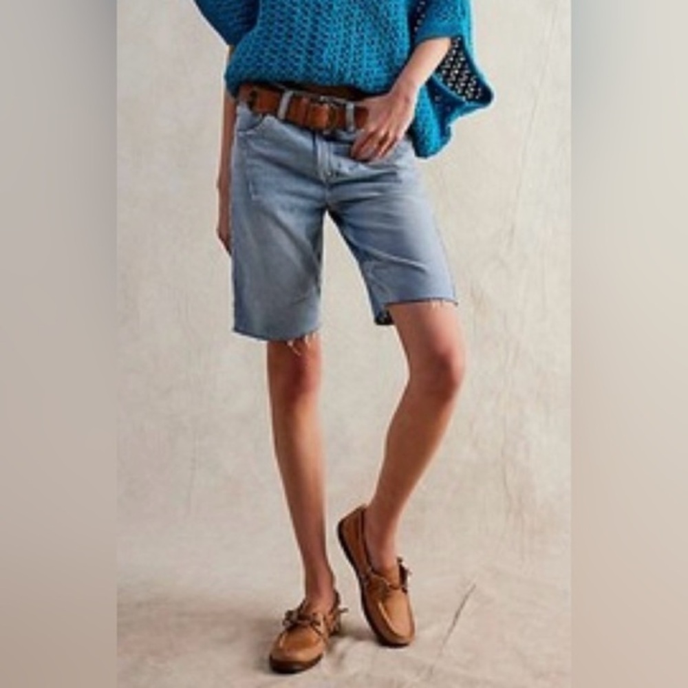 NWOT Free People 29 We the Free Ghost Town Long Denim Shorts Light Blue $78